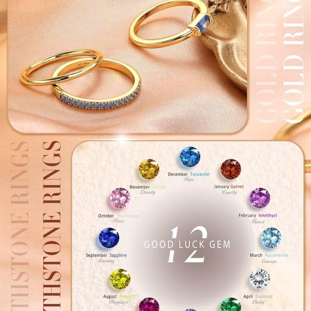 Gold Stackable Birthstone Rings for Women - 18K Gold Filled Non Tarnish Dainty G - Picture 3 of 7